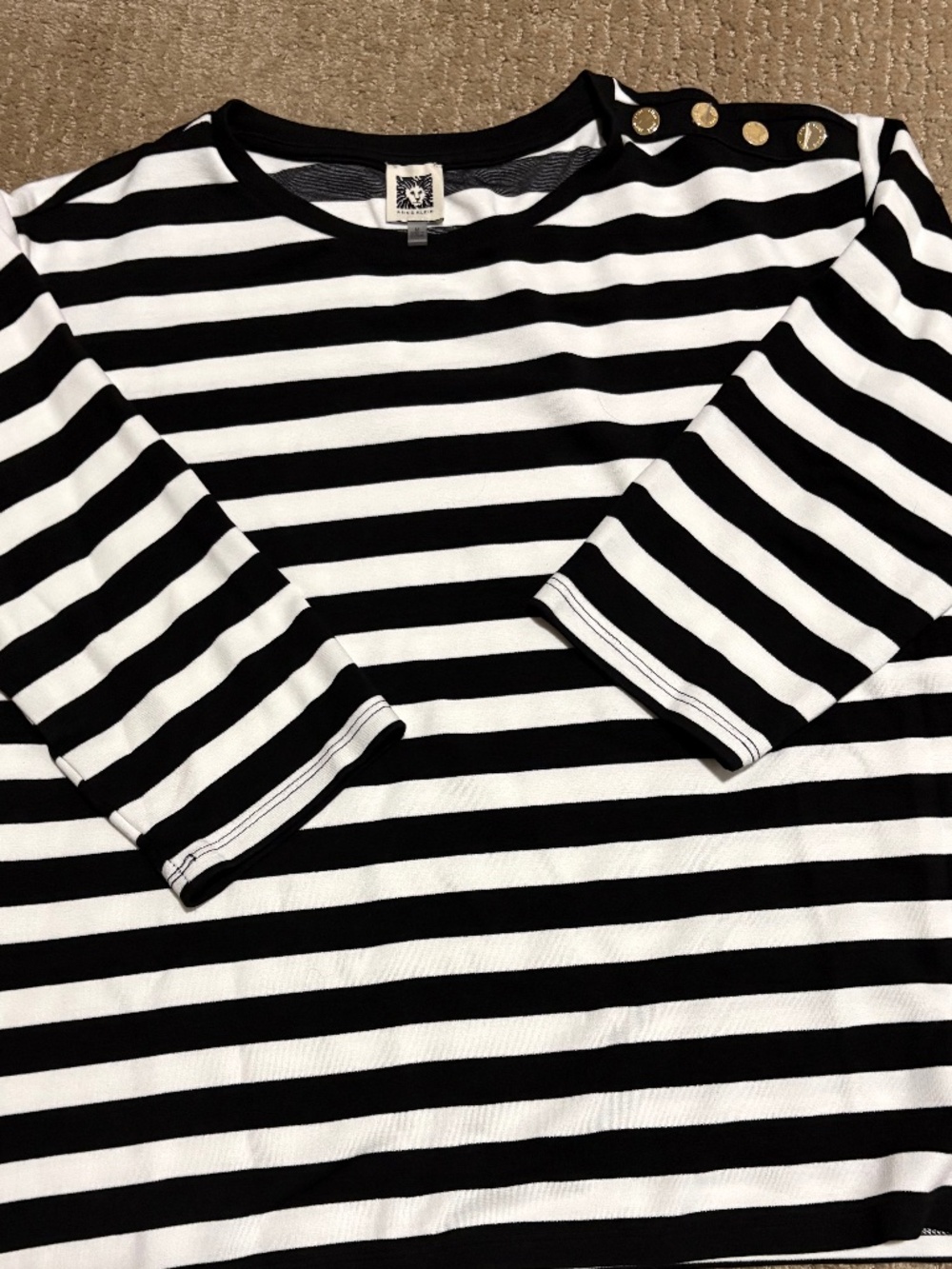 Anne Klein black and white stripe top, gold button trim, size medium, 3/4 sleeve